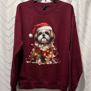 Gildan Burgundy Shih Tzu Print Holiday Crewneck Sweatshirt NEW